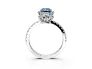 Halo Engagement Ring Setting for Fancy Blue Radiant Cut Center with Openwork Halo, Pave Band and Prong Head in Platinum