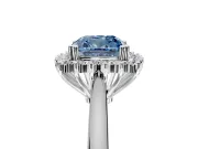 Starburst Halo Engagement Ring Setting for Fancy Blue Cushion Cut Center with Thin Round-Wire Band and Prong Head in Platinum