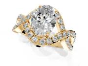 Halo Engagement Ring Setting for Oval Center with Pave Infinity Twist Band and Prong Head in Yellow Gold