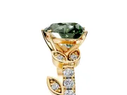 Leaf Motif Engagement Ring Setting for Fancy Green Heart-Shaped Center with Pave Band and Prong Head in Yellow Gold