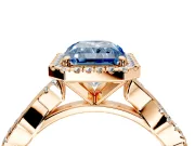 Halo Engagement Ring Setting for Fancy Blue Radiant Cut Center with Pave and Plain Twist Band and Prong Head in Rose Gold