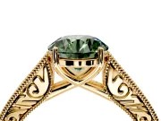 Solitaire Engagement Ring Setting for Fancy Green Round Cut Center with Engraved Pave Band and Prong Head in Yellow Gold