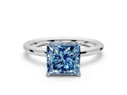 Hidden Halo Engagement Ring Setting for Fancy Blue Princess Cut Center with Thin Rounded Band and Prong Head in Sterling Silver