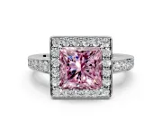 Bezel-Framed Halo Engagement Ring Setting for Fancy Pink Princess Cut Center with Pave Band and Prong Head in White Gold