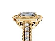 Milgrain Halo Engagement Ring Setting for Emerald Cut Center with Pave Band and Prong Head in Yellow Gold