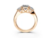 3 Stone Engagement Ring Setting for Asscher Cut Center with Raised Basket Heads and Prong Head in Rose Gold