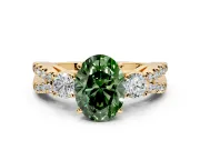 3 Stone Engagement Ring Setting for Fancy Green Oval Center with Pave Split Shank and Prong Head in Yellow Gold