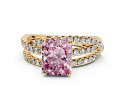 Solitaire Engagement Ring Setting for Fancy Pink Radiant Cut Center with Woven 3-Strand Pave Band and Prong Head in Yellow Gold