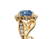 Halo Engagement Ring Setting for Fancy Blue Cushion Cut Center with Leaf Motif Split Shank and Prong Head in Yellow Gold
