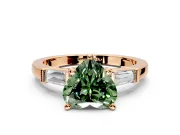 3 Stone Engagement Ring Setting for Fancy Green Heart-Shaped Center with Channel Baguette Accents and Prong Head in Rose Gold