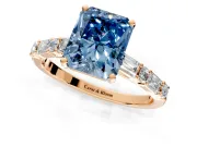 Baguette Engagement Ring Setting for Fancy Blue Radiant Cut Center with Alternating Bar-Set Band and Prong Head in Rose Gold