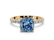 Solitaire Engagement Ring Setting for Fancy Blue Cushion Cut Center with Micro Pave Band and Prong Head in Yellow Gold