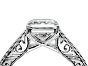Solitaire Engagement Ring Setting for Asscher Cut Center with Engraved Pave Band and Prong Head in Platinum