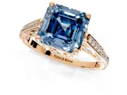 Cathedral Engagement Ring Setting for Fancy Blue Asscher Cut Center with Antique-Style Pave Band and Prong Head in Rose Gold