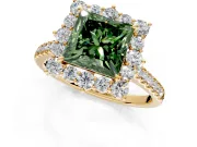 Halo Engagement Ring Setting for Fancy Green Princess Cut Center with Single-Row Pave, Open Basket and Prong Head in Yellow Gold
