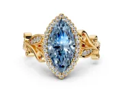 Halo Engagement Ring Setting for Fancy Blue Marquise Center with Leaf Motif Split Shank and Prong Head in Yellow Gold