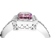 Halo Engagement Ring Setting for Fancy Pink Emerald Cut Center with Heart-Shaped Openwork, Pave Band and Prong Head in Platinum