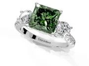 3 Stone Engagement Ring Setting for Fancy Green Princess Cut Center with Crossover Basket, Pave Band and Prong Head in White Gold