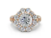 Large Accent Halo Engagement Ring Setting for Round Cut Center with Pave Split Shank and Prong Head in Rose Gold