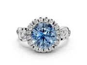 Halo Engagement Ring Setting for Fancy Blue Round Cut Center with Open Scroll Shoulders and Prong Head in Sterling Silver