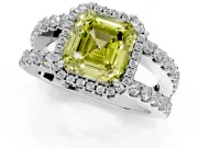 Halo Engagement Ring Setting for Fancy Yellow Asscher Cut Center with Wide-Open Pave Split Shank and Prong Head in White Gold