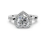 Halo Engagement Ring Setting for Heart-Shaped Center with Pave and Plain Twist Band and Prong Head in Platinum