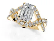 Halo Engagement Ring Setting for Emerald Cut Center with Pave Infinity Twist Band and Prong Head in Yellow Gold