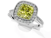 Halo Engagement Ring Setting for Fancy Yellow Cushion Cut Center with Milgrain Pave Band and Bezel Head in White Gold