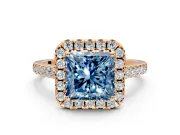 Halo Engagement Ring Setting for Fancy Blue Princess Cut Center with Narrowing Pave Band and Prong Head in Rose Gold