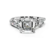 Leaf Motif Engagement Ring Setting for Asscher Cut Center with Pave Band and Prong Head in White Gold