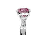 3 Stone Engagement Ring Setting for Fancy Pink Cushion Cut Center with Tapered Baguettes, Plain Band and Prong Head in White Gold