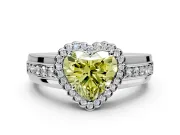 Halo Engagement Ring Setting for Fancy Yellow Heart-Shaped Center with Wide Band, Inlaid Accent Row and Prong Head in Platinum