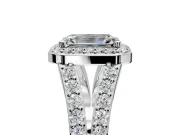 Halo Engagement Ring Setting for Emerald Cut Center with Narrow Pave Split Shank and Prong Head in Platinum