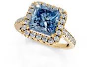 Halo Engagement Ring Setting for Fancy Blue Princess Cut Center with Narrowing Pave Band and Prong Head in Yellow Gold