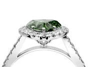 Halo Engagement Ring Setting for Fancy Green Heart-Shaped Center with Narrowing Pave Band and Prong Head in White Gold