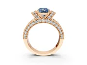 Pave Engagement Ring Setting for Fancy Blue Radiant Cut Center with Curved Accent Rows, Openwork and Prong Head in Rose Gold