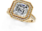 Halo Engagement Ring Setting for Asscher Cut Center with Milgrain Pave Band and Bezel Head in Yellow Gold