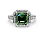 Bezel-Framed Halo Engagement Ring Setting for Fancy Green Asscher Cut Center with Pave Band and Prong Head in White Gold