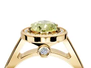 Halo Engagement Ring Setting for Fancy Yellow Pear-Shaped Center with Outer Bezel Rim, Pave Band and Prong Head in Yellow Gold
