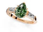 3 Stone Engagement Ring Setting for Fancy Green Pear-Shaped Center with Tapered Baguettes, Plain Band and Prong Head in Rose Gold