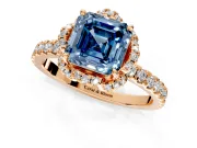 Halo Engagement Ring Setting for Fancy Blue Asscher Cut Center with Openwork Halo, Pave Band and Prong Head in Rose Gold