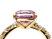 Solitaire Engagement Ring Setting for Fancy Pink Asscher Cut Center with Trailing Leaf Accent Band and Prong Head in Yellow Gold