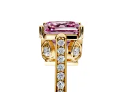 Cathedral Engagement Ring Setting for Fancy Pink Asscher Cut Center with Antique-Style Pave Band and Prong Head in Yellow Gold