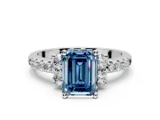 Paired Accent Engagement Ring Setting for Fancy Blue Emerald Cut Center with Pave Band and Prong Head in Sterling Silver
