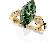 Solitaire Engagement Ring Setting for Fancy Green Marquise Center with Accented Twist Band and Leaf Prong Head in Yellow Gold