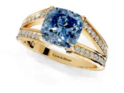 Split Shank Engagement Ring Setting for Fancy Blue Cushion Cut Center with Pave Split Shank and Prong Head in Yellow Gold