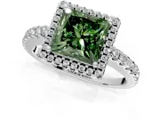 Accent Halo Engagement Ring Setting for Fancy Green Princess Cut Center with Full-Length Pave Band and Prong Head in White Gold