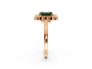 Cluster Halo Engagement Ring Setting for Fancy Green Emerald Cut Center with Milgrain Bezel Accents and Prong Head in Rose Gold