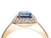 Halo Engagement Ring Setting for Fancy Blue Radiant Cut Center with Plain Tapered Band and Prong Head in Rose Gold