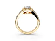 Milgrain Halo Engagement Ring Setting for Pear-Shaped Center with Three-Sided Pave Band and Prong Head in Yellow Gold